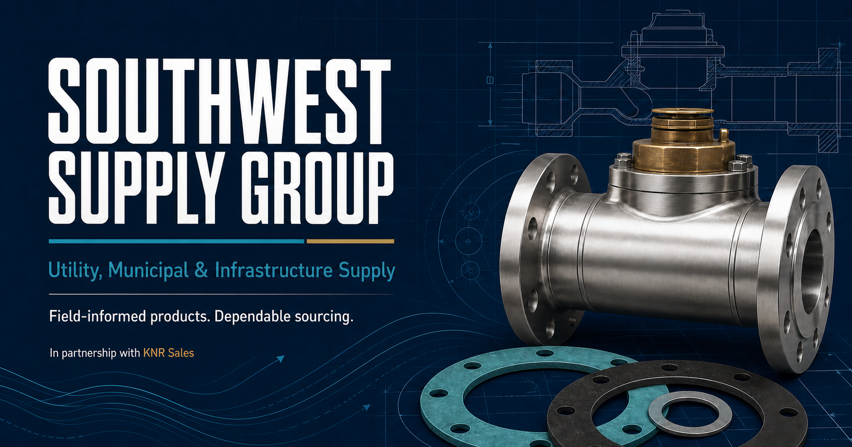 Southwest Supply Group utility supply banner featuring a stainless steel waterworks valve, technical drawings, and industrial gaskets
