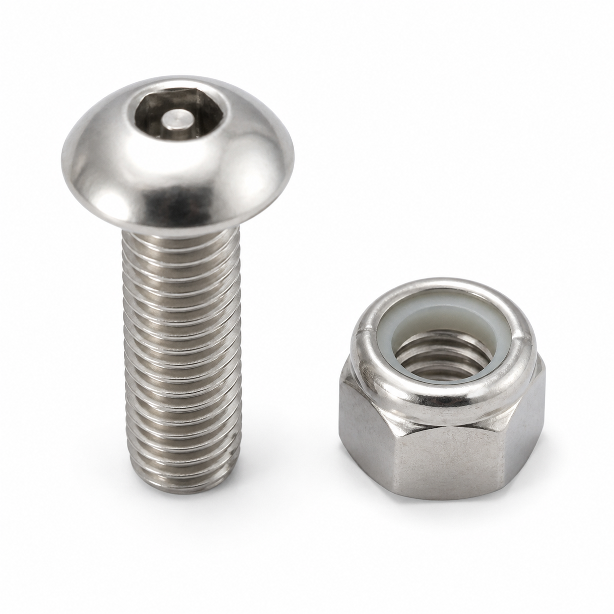 Lock-out security bolt with center-pin hex socket and matching nylon-insert lock nut